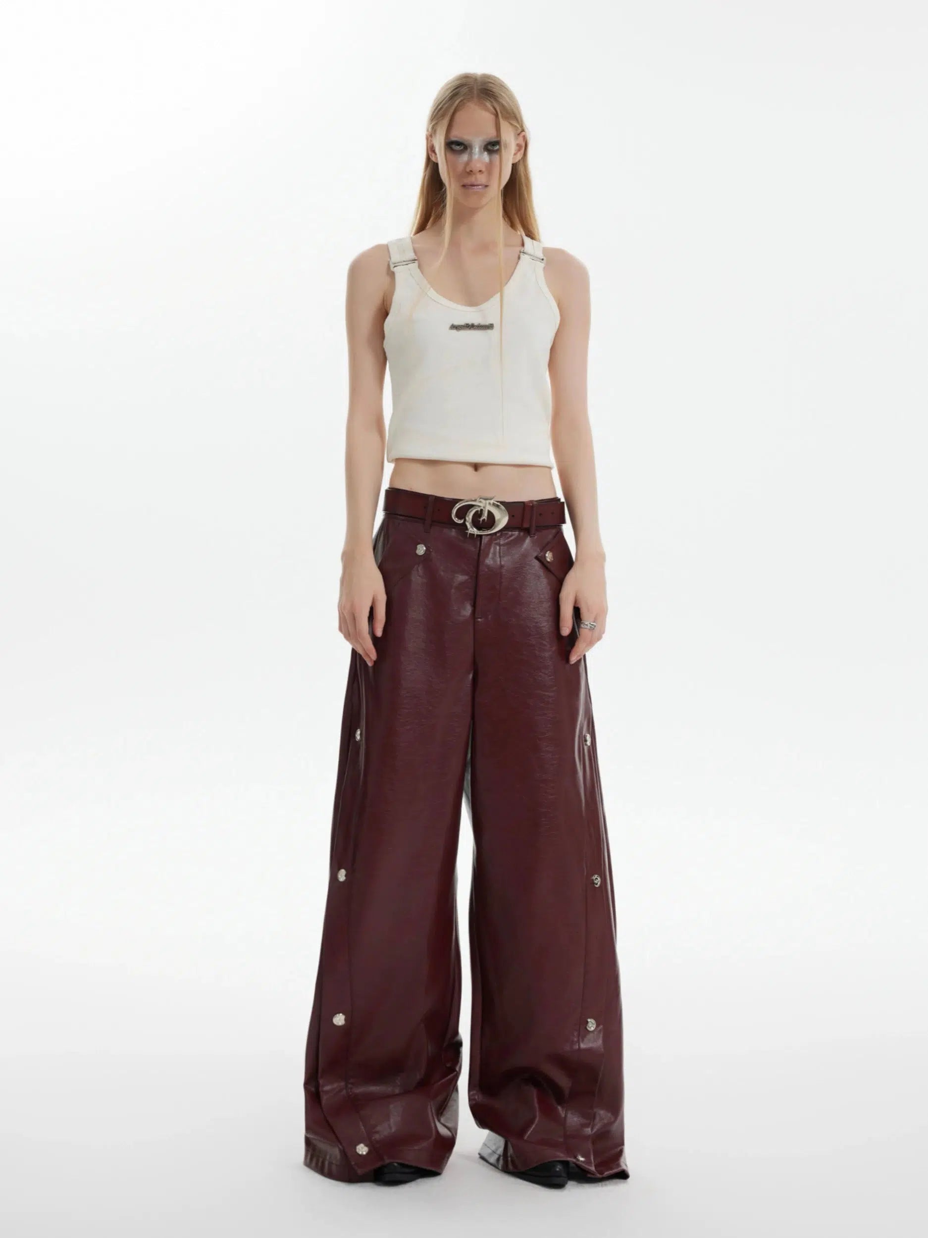 Red Wide-Leg Leather Pants