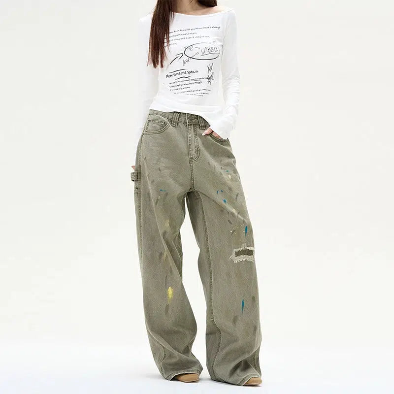 Wide-Leg Paint-Splatter Casual Pants