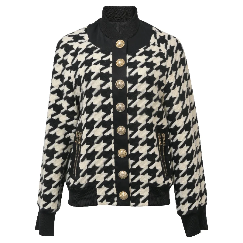 Balmain Button-embellished Houndstooth Bomber Jacket In Black Wool