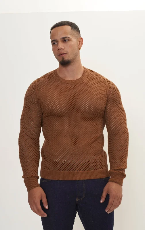 See Through Fishnet Muscle Fit Shirt - Light Brown