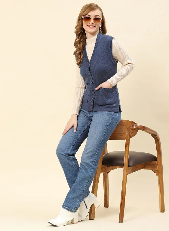 Women Blue Solid Blend wool Cardigan