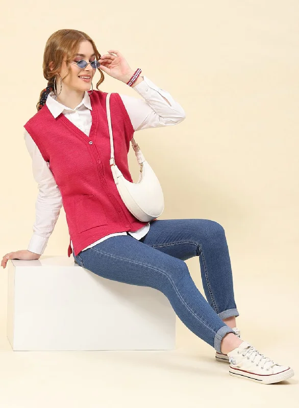 Women Light Red Solid Blend wool Cardigan