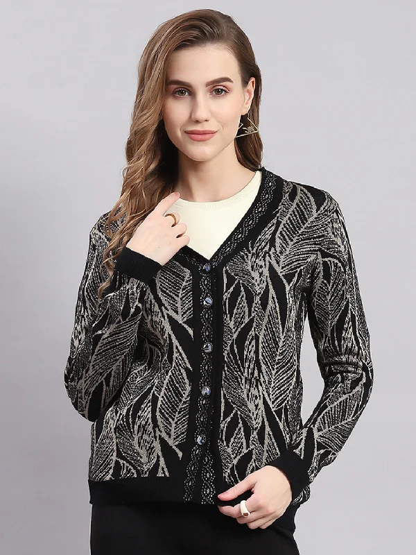 Women Black Self Design V Neck Full Sleeve Cardigans