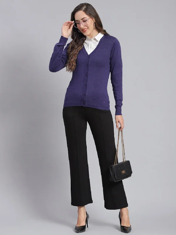 Women Purple Solid V Neck Full Sleeve Cardigans