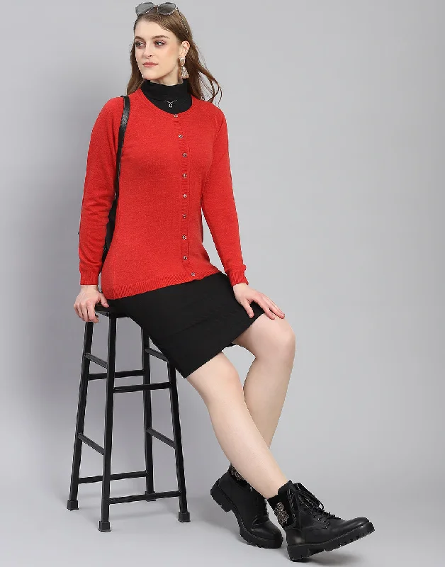 Women Red Solid Round Neck Full Sleeve Cardigan