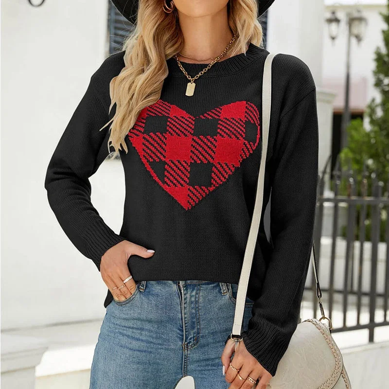 Autumn Winter New Women's Loose Sweater Round Neck Fashion Pullover Plaid Love Women