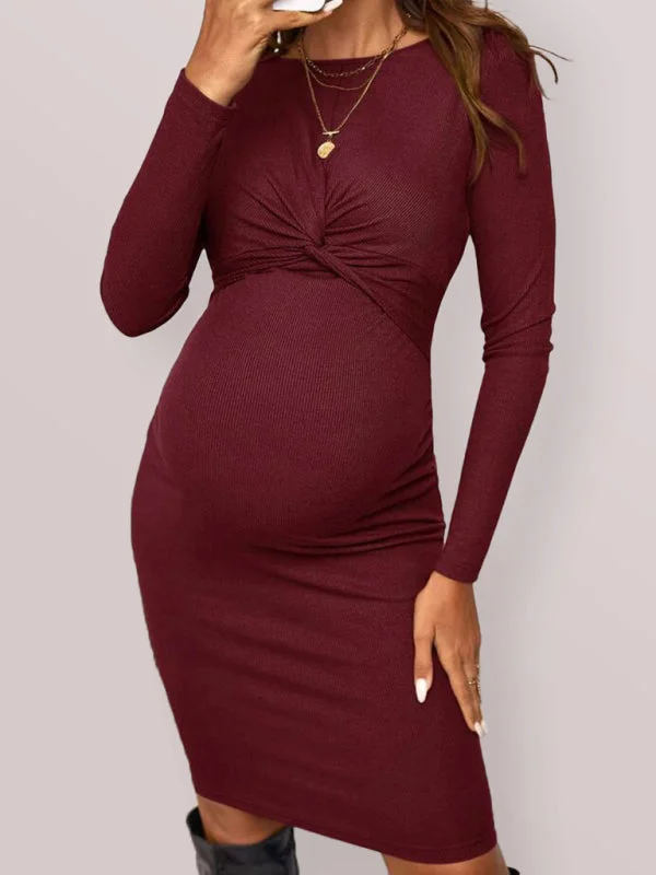 Blue Zone Planet | round neck long sleeve knitted maternity dress tight solid color short maternity clothes