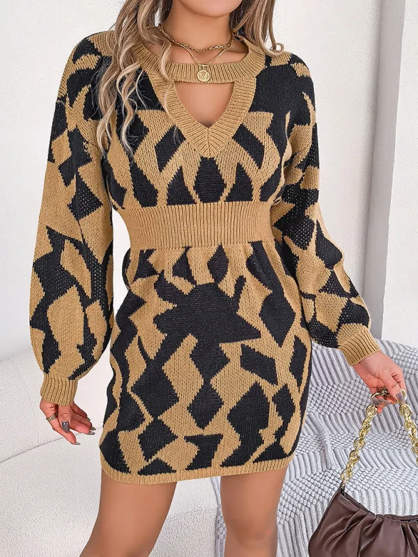 casual color block hollow lantern sleeve waisted sweater dress