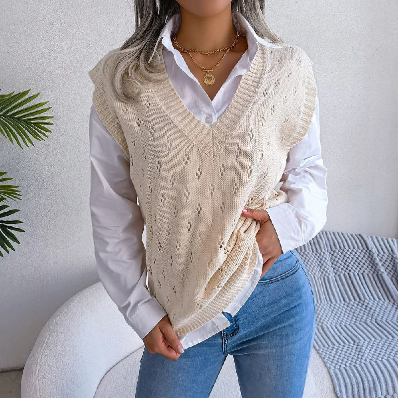 Pretty V Neck Diamond Pointelle Knit Pullover Sweater Vest