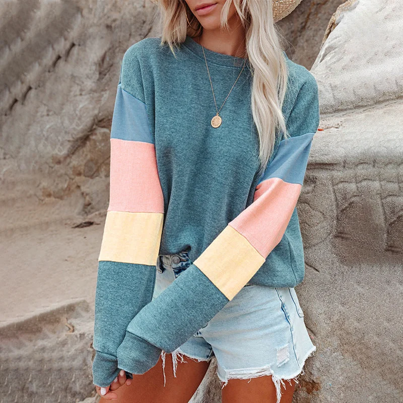 Pullover Sweater For Women New Round Neck Long Sleeve Contrast Color Fashion T-Shirt