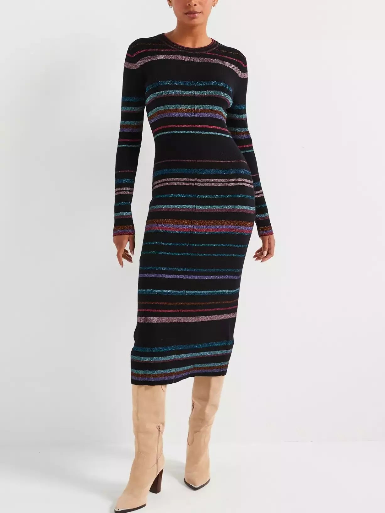 Stripe Metallic Knit Midi Dress