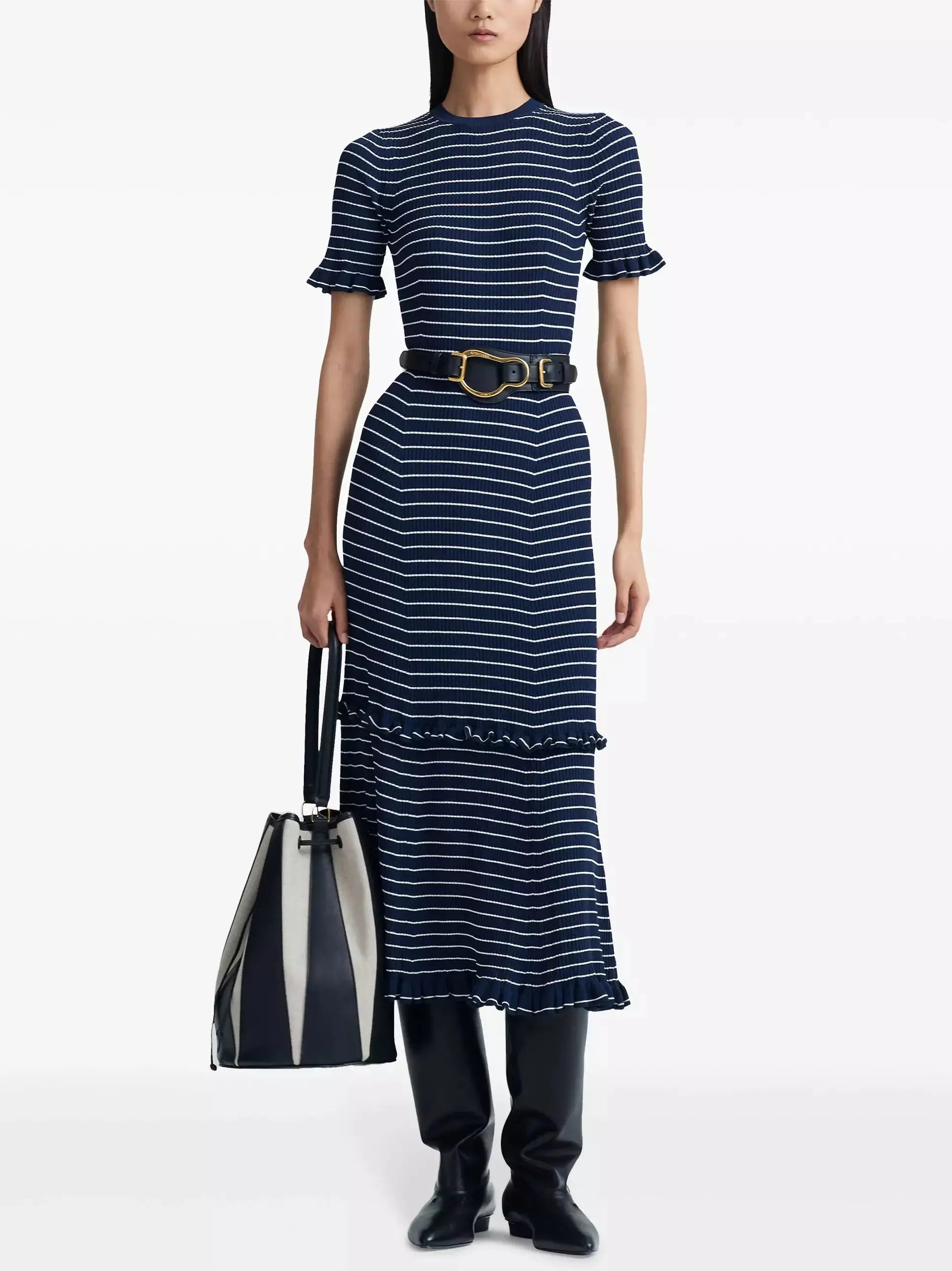 Stripe Ruffle Trim Midi Dress in Navy