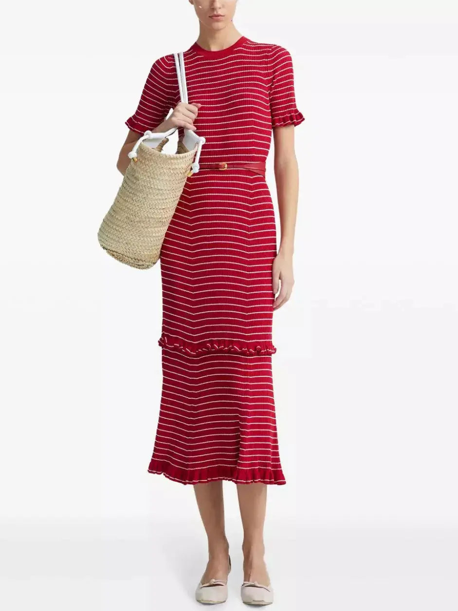 Stripe Ruffle Trim Midi Dress in Red