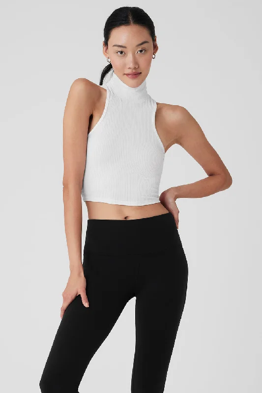 Ribbed Sea Coast Cropped Turtleneck Tank - White