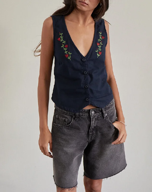 Cyna Button Through Vest in Tapshoe with Rose Embroidery