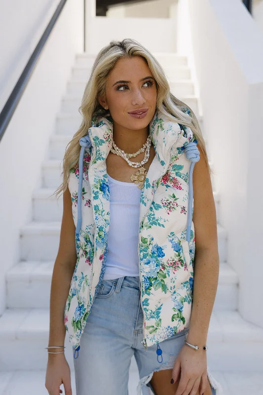 Fancy Florals Puffer Vest - Blue