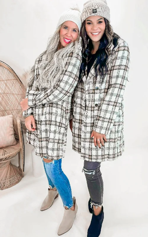 Ivory Double Breasted Plaid Long Coat